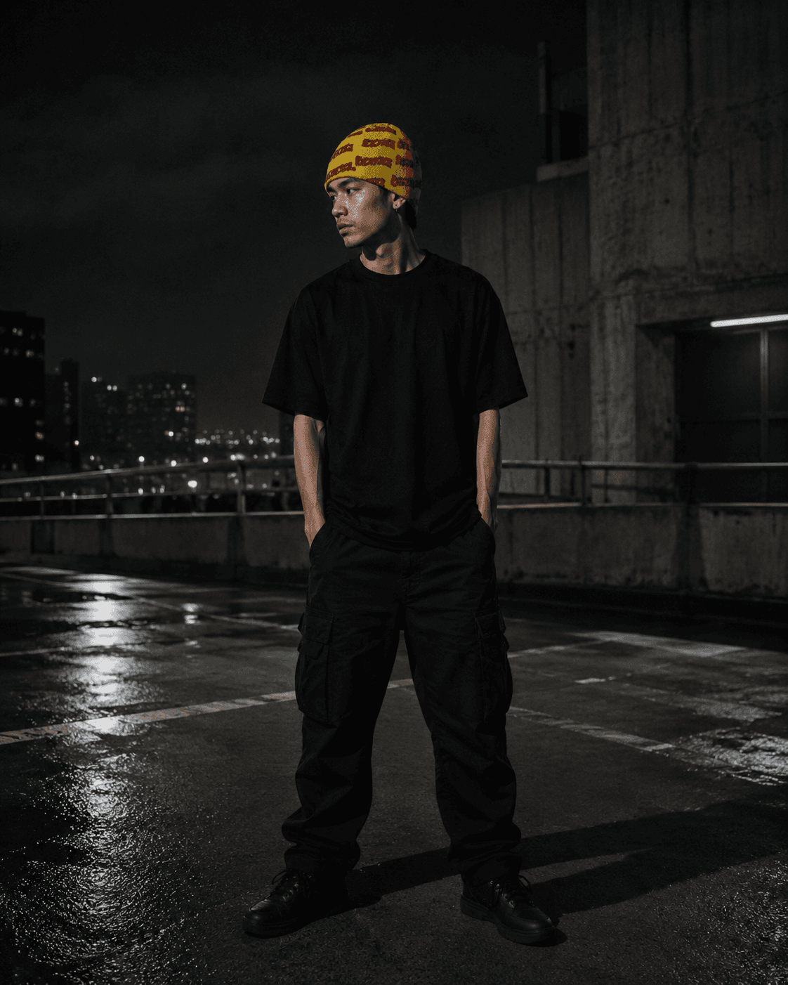 Model in a yellow Mr. Exotixx knit beanie and full black fit on a rooftop at night