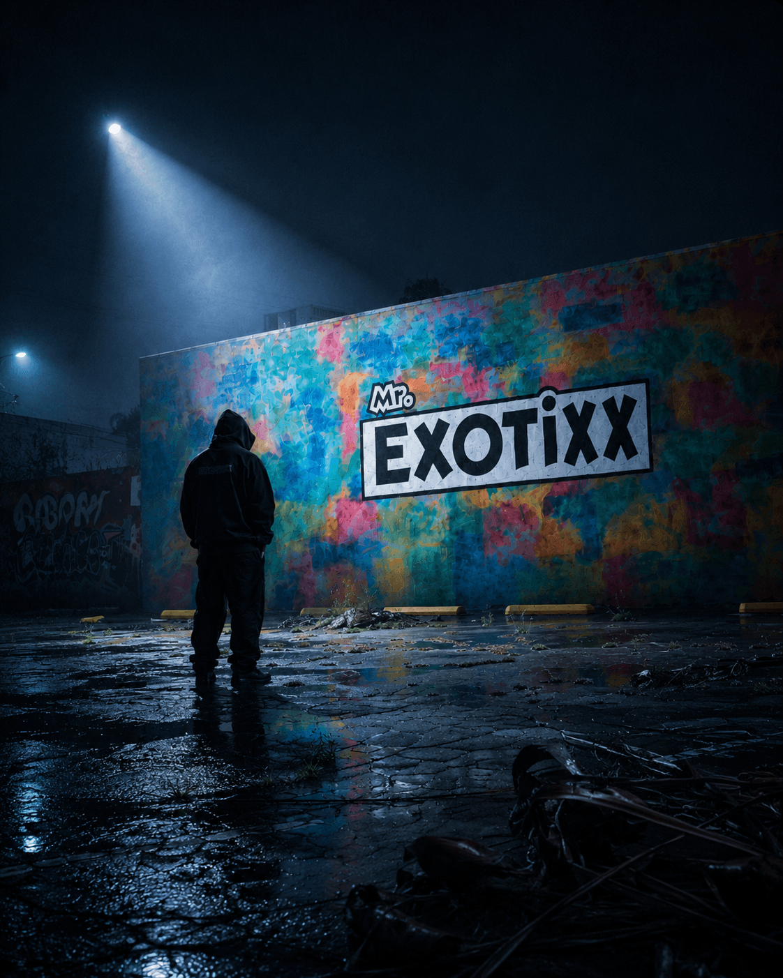 Hooded figure standing before the Mr. Exotixx mural at night under a single streetlight